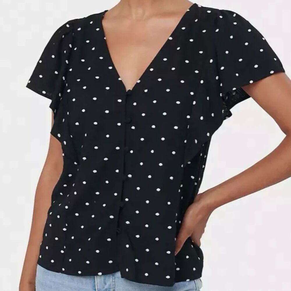 Ann Taylor LOFT Black Polkadot Blouse - Size XS, Fall 2024 Collection, Classic